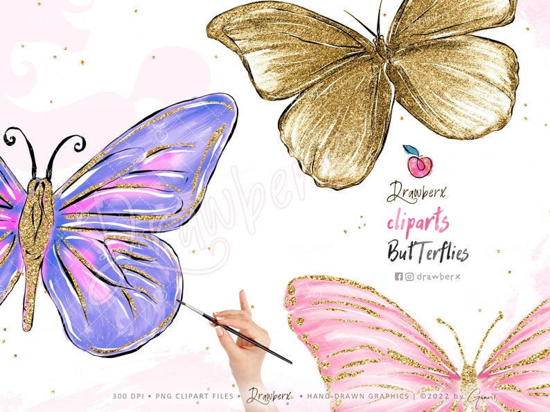 Puede incluir: Un conjunto de tres im&aacute;genes digitales de clip art de mariposas con detalles de purpurina. Las mariposas son de color morado, rosa y dorado. El texto "Drawberx clip arts Butterflies" est&aacute; en la imagen.