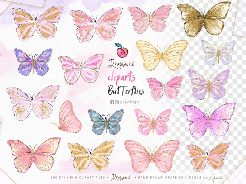 Puede incluir: Un conjunto de 15 im&aacute;genes digitales de mariposas en clipart en varios colores, incluyendo rosa, morado, azul y dorado. Las mariposas tienen detalles de purpurina y est&aacute;n dibujadas en un estilo acuarela. El texto "Drawberx clip arts But Terflies" est&aacute; incluido en la imagen.