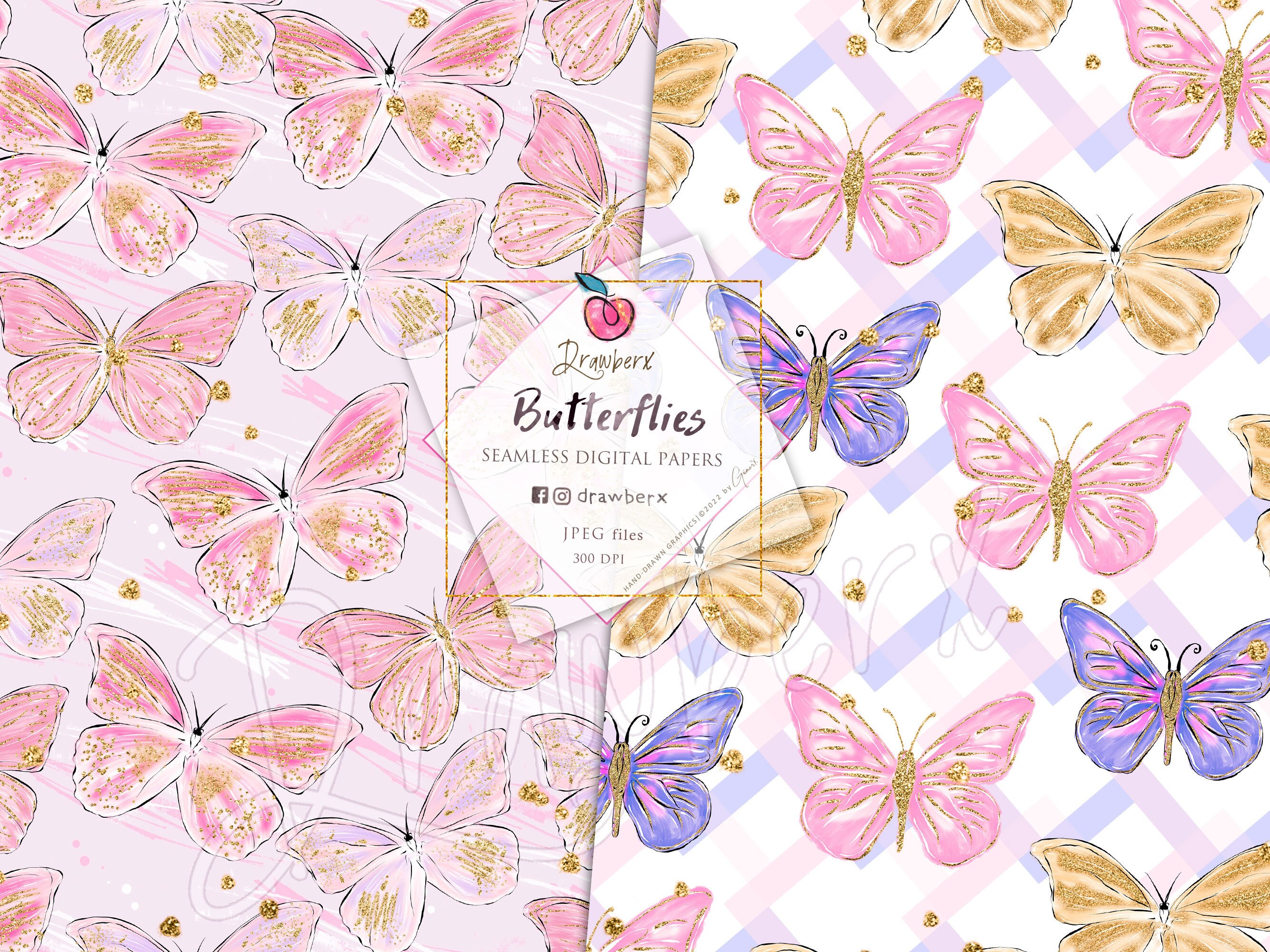 Butterfly Digital Paper, 10 Seamless Pattern / Gold, Pink, Purple ...