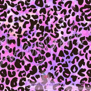 May include: Seamless digital paper with a leopard print design. The pattern features dark brown spots on a vibrant pink and purple watercolour background. The text "seamless pattern" is visible at the bottom.