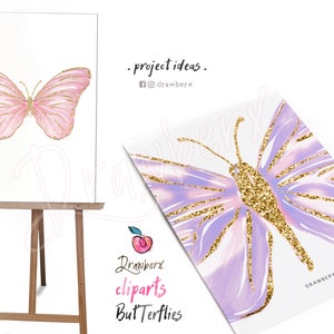 Puede incluir: Dos mariposas de acuarela con detalles de purpurina dorada. La mariposa de la izquierda es rosa y la mariposa de la derecha es morada. Las mariposas est&aacute;n sobre un fondo blanco con el texto "project ideas" y "@drawberrx" en negro.