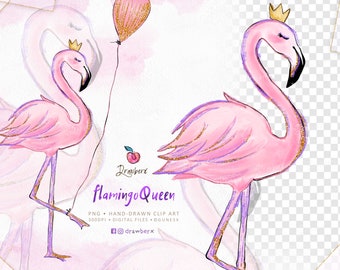 Pink Flamingo Clipart / Watercolor Flamingo Png / flamingo illustration / cute, girly, kids glam doodle art, digital download