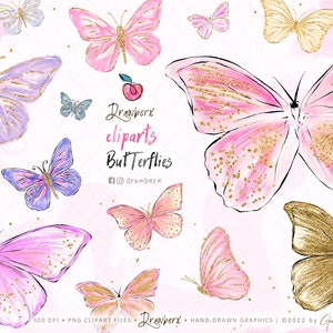 Digital Butterfly Clipart, PNG, Spring, Wings Clip Art, Butterflies, Cute, Pink Gold, Glitter Glam Graphics, Drawberx