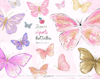 Digital Butterfly Clipart, PNG, Spring, Wings Clip Art, Butterflies, Cute, Pink Gold, Glitter Glam Graphics, Drawberx