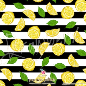 Lemon Seamless File, black white background, yellow lemon slices, summer fruits, seamless file, surface design, digital fabric print pattern