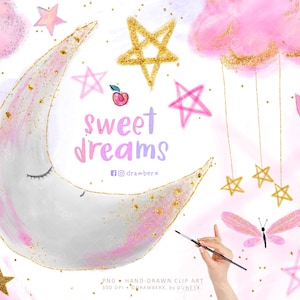 Sweet Dreams. Baby Girl Clipart, Cute Nursery png, newborn, sleepy moon and stars, glitter butterflies, pink clouds sublimation