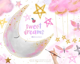 Sweet Dreams. Baby Girl Clipart, Cute Nursery png, newborn, sleepy moon and stars, glitter butterflies, pink clouds, it's a girl,sublimation