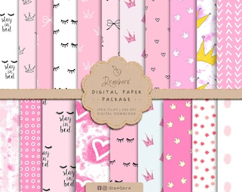 Pink Girly Digital Papers, cute, doodle crown pattern, pretty background, seamless file design