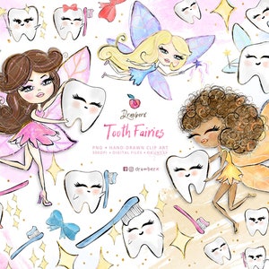 Tooth Fairy Clipart, Cute Whimsical Dental Clipart / teeth doodles, Toothbrush, Dentist, Baby First Tooth party, hand-drawn png clip art set