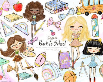 Back to School, Watercolor Teacher Clipart, set of png files, student, girl with books, elementary, backpack, school supplies, high school