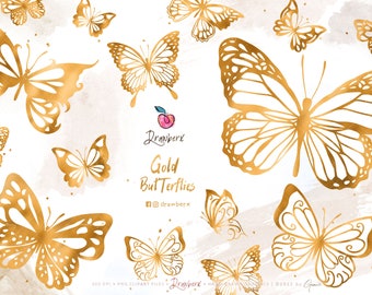 Gold Butterflies Clipart / 9 Gold Butterfly Wings, png / Digital Butterfly Graphics / white and gold, Planner Pretty Butterfly Digital