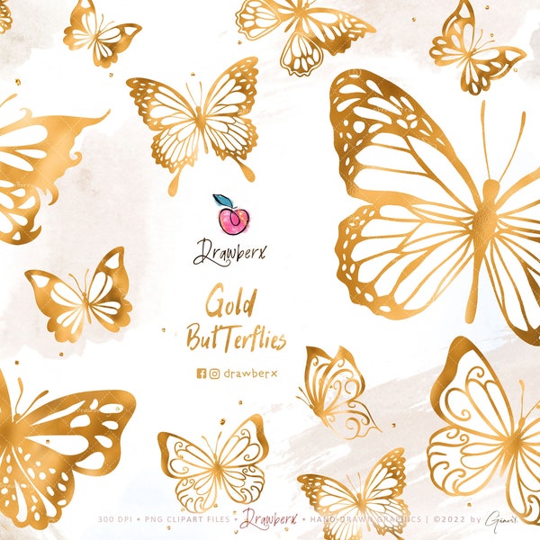 Gold Butterflies Clipart / 9 Gold Butterfly Wings, png / Digital Butterfly Graphics / white and gold, Planner Pretty Butterfly Digital