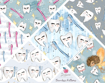 Tooth Fairy Digital Paper, 6 Seamless Patterns /1st tooth, dental, dentist /Seamless File /digital paper /Repeat Pattern, Kids Fabric Design