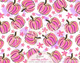 Fall Seamless Pattern /Pink Pumpkins / Seamless File / thanksgiving, autumn /digital paper / Repeat Pattern /Cute Kids Fashion Fabric Design