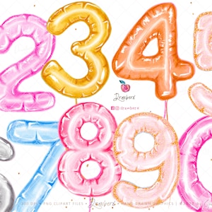 Number Balloons Clipart 0-9/Watercolor, Birthday foil balloons, numbers PNG, Baby Milestone, Kids Party digital /Rose,Gold,Silver,Pink,Blue
