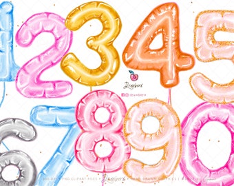 Number Balloons Clipart 0-9/Watercolor, Birthday foil balloons, numbers PNG, Baby Milestone, Kids Party digital /Rose,Gold,Silver,Pink,Blue