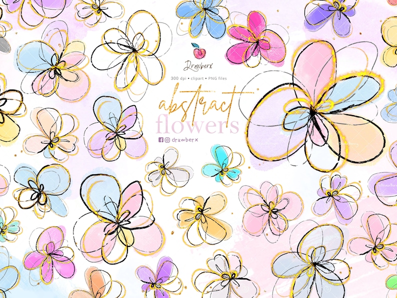 Doodle Flowers Clipart / Cute, hand-drawn Abstract Flowers, png files, whimsical bild 1