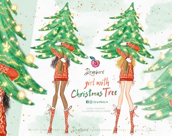 Girl Holding Christmas Tree. Christmas Fashion Clipart, hand painted, Christmas Planner Girl Fashion Art, Glam Winter Holiday