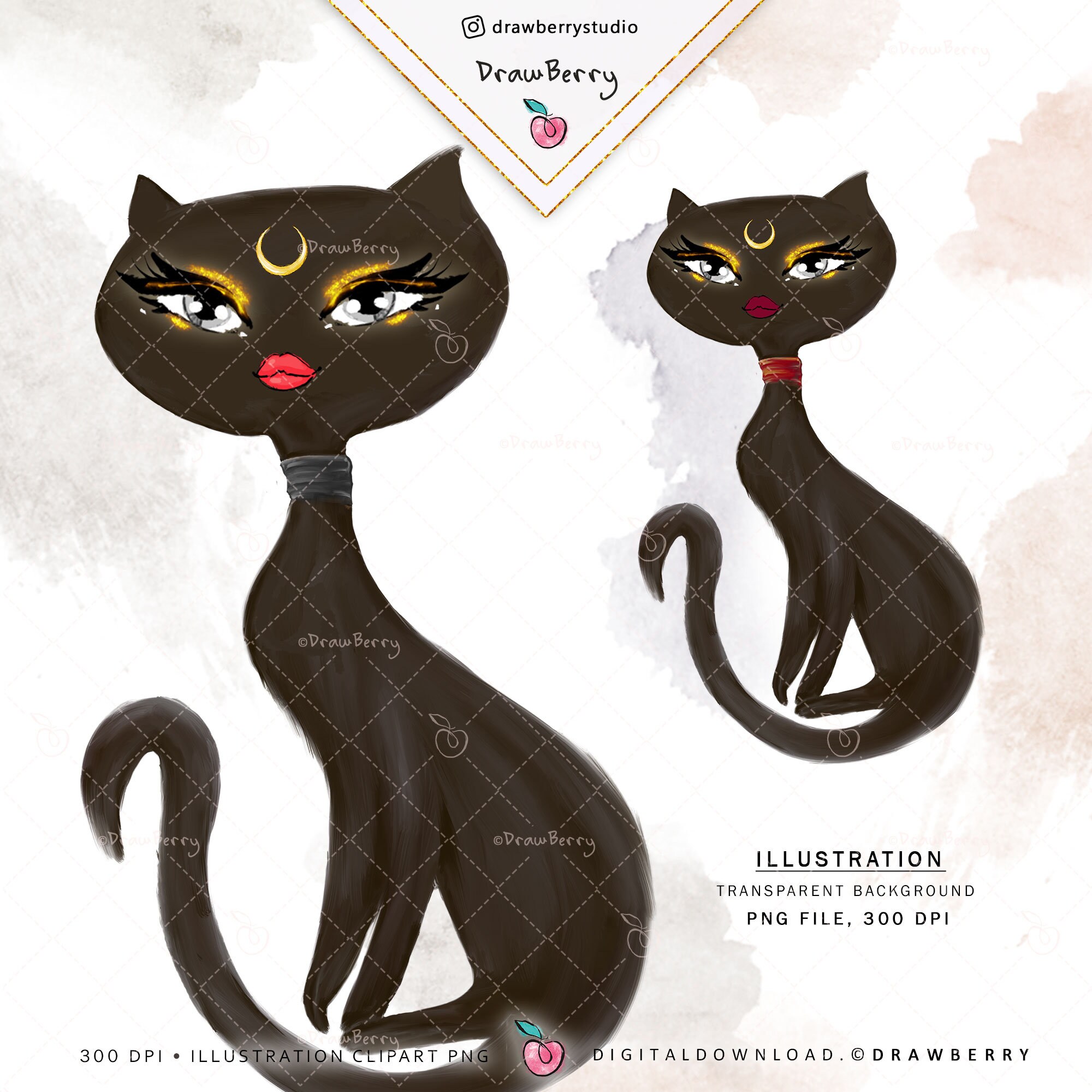 Glam Cat Clipart PNG Black Cat Goth Halloween Witch Cat Etsy
