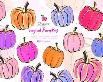 Fall Pumpkin Clipart, set of png files, glitter, glam, thanskgiving, doodle pumpkins, pink, lilac, purple, orange