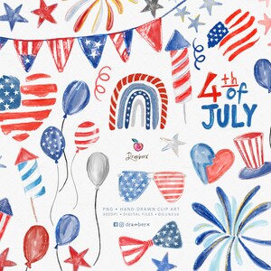4th of July Clipart. Watercolor Patriotic, Independence Day, fourth of July, balloons, firework, American flag, memorial day, png files