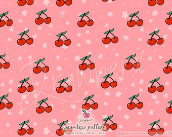 Cherry Seamless patterns, pink, red, cute retro cherries valentines / Seamless File, Repeating Surface Pattern, Digital Paper Fabric Design