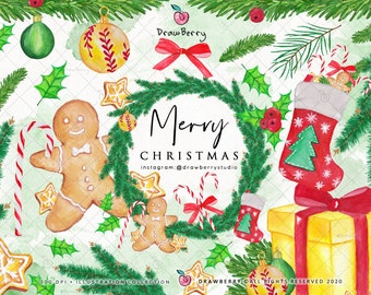 Watercolor Christmas Cliparts | Gingerbread, Candy Cane, Winter Holiday, Christmas Graphics