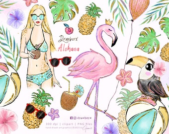 Tropical summer clipart, set of png files, flamingo, toucan taco, luau, cute pineapple face, beach, ball hawaiian, hibiscus,  watercolor