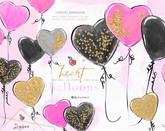 Heart Balloon Clipart, png, black, pink, gold glitter, watercolor balloons, confetti, valentines, birthday invitation party graphics