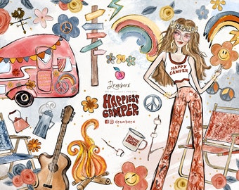 Happy Camper Clipart, Travel Girl Camping, watercolor, Glamping, PNG, retro girl, boho, camp fire, smores, hippie fashion illustration art