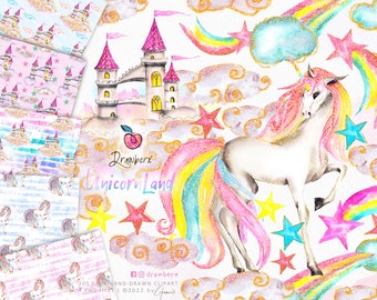 Watercolor Unicorn Clipart and Seamless File Bundle, hand painted, large glitter rainbow unicorn png, fairy tale castle, digital download