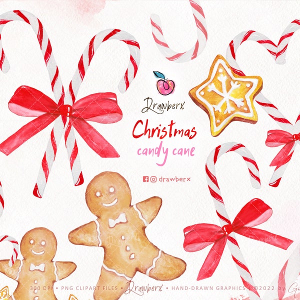 Candy Cane Clipart, Gingerbread man png, Watercolor Christmas Candy, Holiday Candy Peppermint, hand painted Christmas art, digital