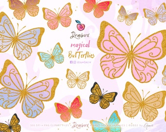 Butterfly Clipart, 15 Gold Butterflies PNG, Glitter Butterfly Clip Art, Digital Butterfly Graphics, Spring Wings Mariposa