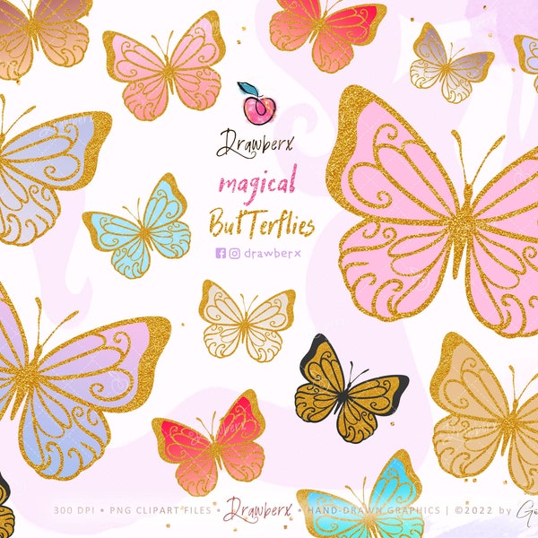Vlinder clipart, 15 gouden vlinders PNG, glitter vlinder illustraties, digitale vlinder graphics, lente vleugels Mariposa