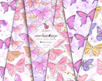 Butterfly Digital Paper, 12 Seamless Patterns / glitter, glam, fairy, purple butterflies / seamless file, spring, scrapbook, background