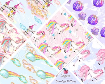 Unicorn Digital Papers, Seamless Pattern / rainbow unicorn, fairytale castle, Seamless File Design