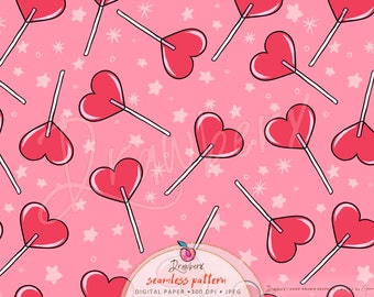 Heart Candy Pop Valentines Seamless Pattern - Pink & Red Lollipop, Heart Sucker Repeat Pattern - Digital Fabric Surface Pattern