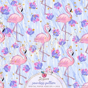 May include: A seamless pattern featuring pink flamingos wearing gold crowns, set against a light blue background with blue and purple floral accents and gold flecks. The text "seamless pattern" is visible.