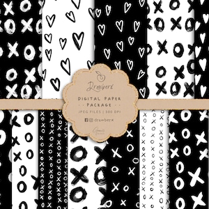heart doodle digital papers, xo seamless file, Love, Valentines, Seamless Pattern, neutral minimalist, Black and White background