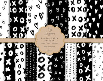 heart doodle digital papers, xo seamless file, Love, Valentines, Seamless Pattern, neutral minimalist, Black and White background