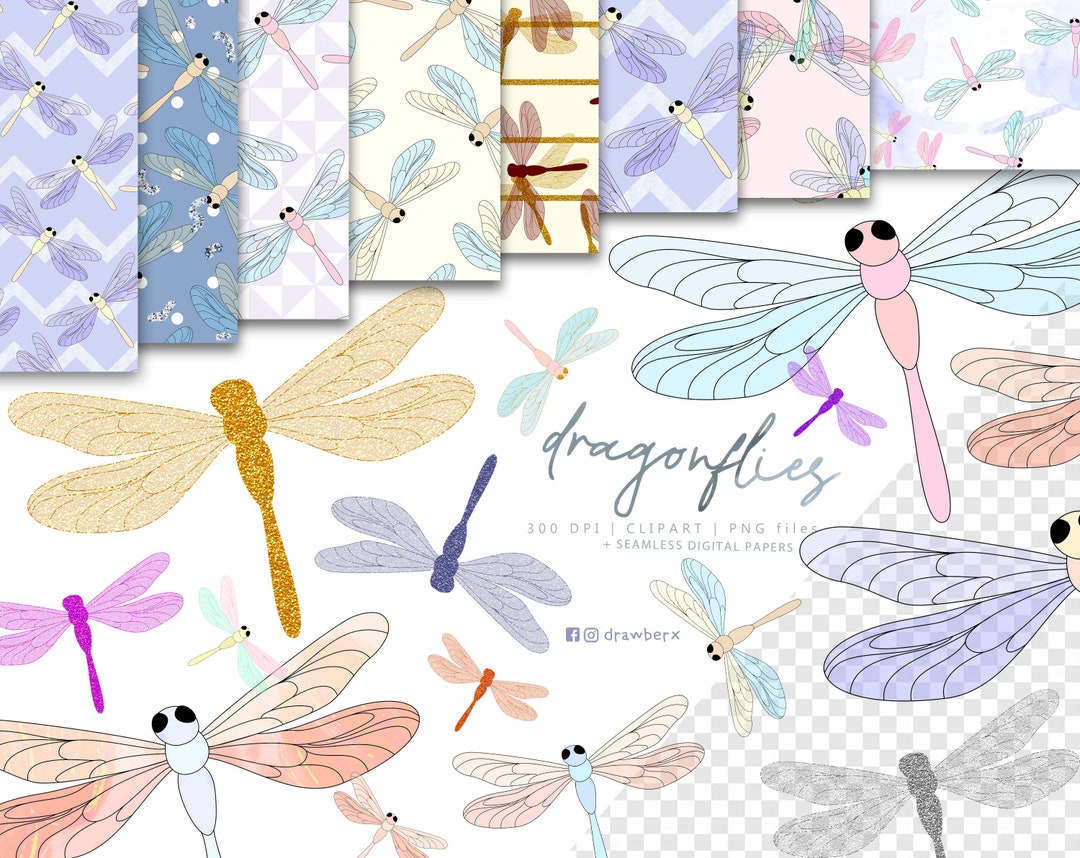 Dragonfly Png Clipart and Digital Paper Bundle, Seamless Patterns ...