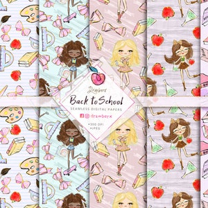 Back to School Digital Papers – 21 Seamless Patterns for Teachers & Students | Cute School Patterns | Classroom, Apple, Pencil, Books