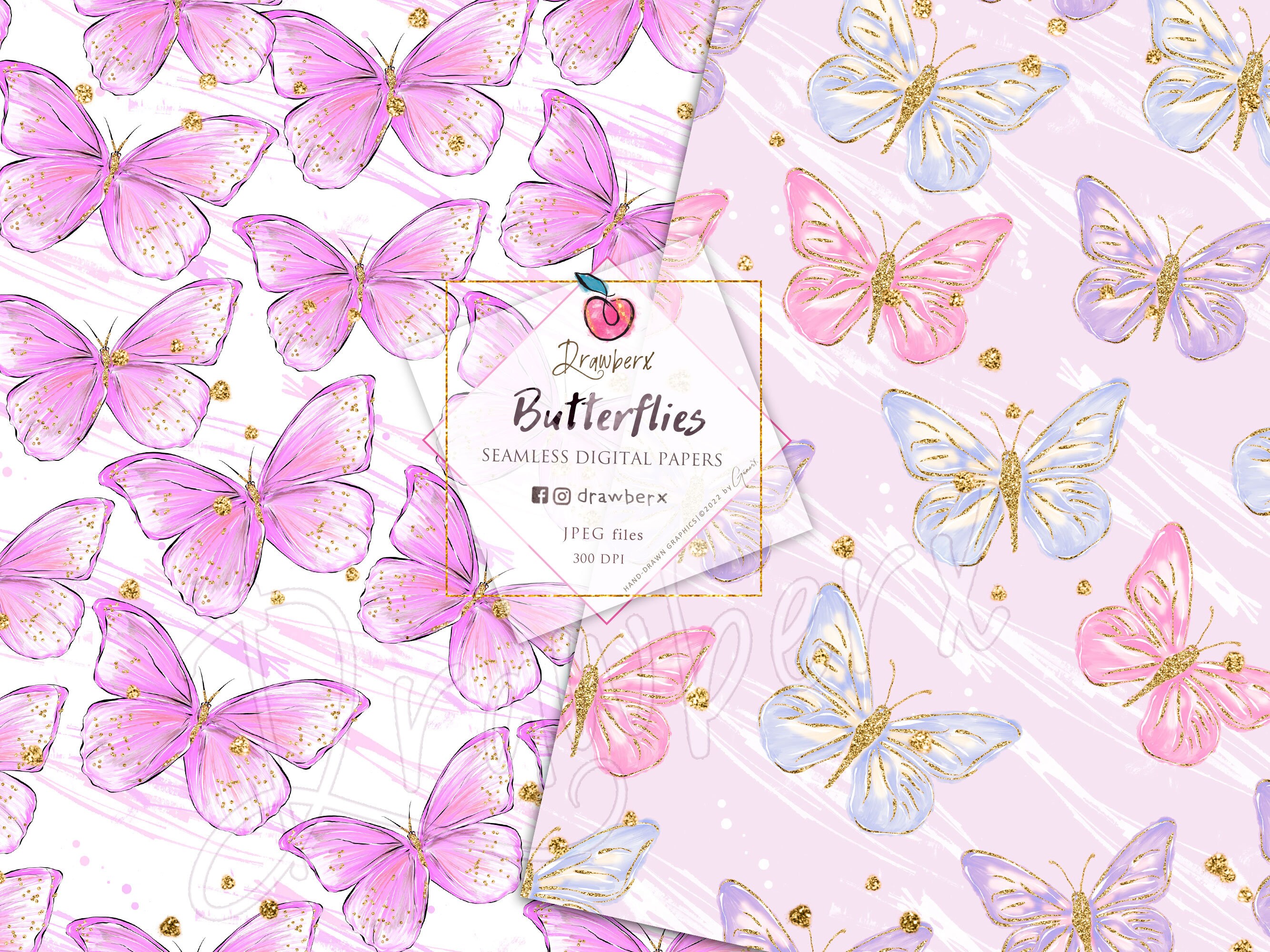 Butterfly Digital Paper, 10 Seamless Pattern / Gold, Pink, Purple ...