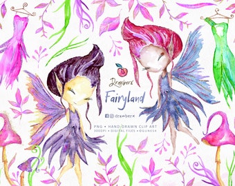 Magical Forest, Fairy Clipart, hand-painted Watercolor Fairies png, mushroom, enchanted forest, digital