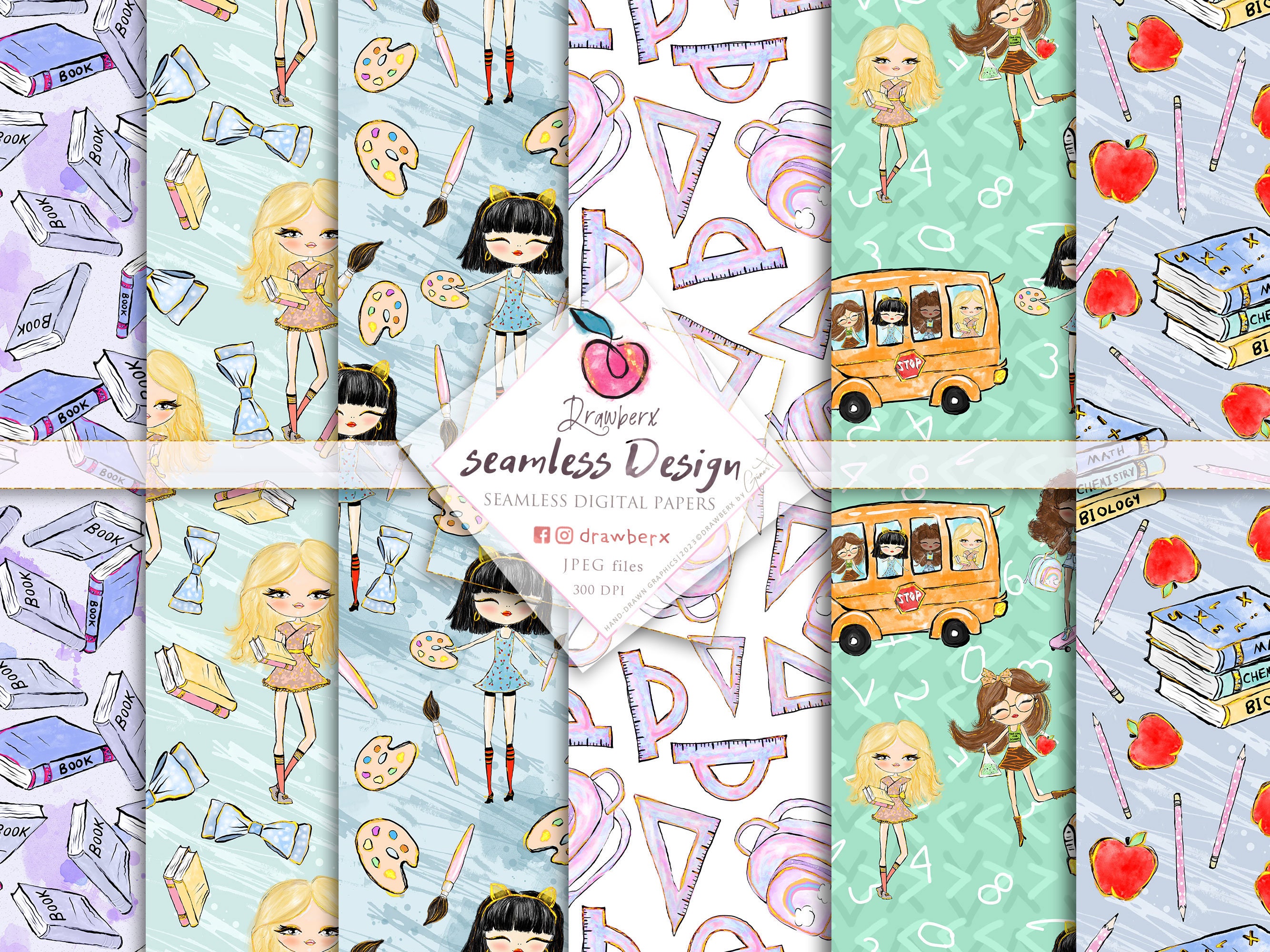 Girly School Digital Paper, Seamless Patterns, Book, Teacher, Back to ...