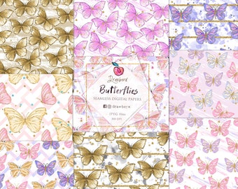 Butterfly Digital Paper, 10 Seamless Pattern / Gold, pink, purple, Butterflies, Spring Graphics, Seamless File, Repeat Pattern, Kids Fabric