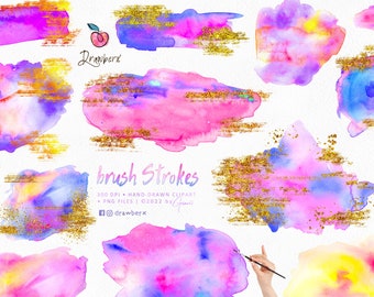 Watercolor Brush Strokes Clipart. Set of 35 PNG clip arts, artistic pink, purple gold paint splash digital download