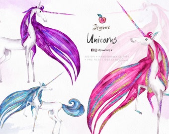 Watercolor Unicorn Clipart, fairy tale, fantasy, magical, hand painted pretty unicorns png, glitter blue, pink,purple unicorn party,birthday