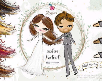 Watercolor Wedding Clipart, Bride and Groom, set of PNG files, just married, wedding couple, newlyweds, boda, personalised portrait creator