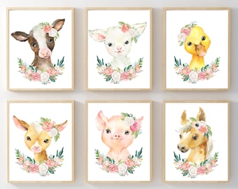 Ensemble de 6 estampes, art de mur de pépinière imprimable, décor de pépinière d’animaux de ferme, art mural de pépinière de filles, pépinière de Boho